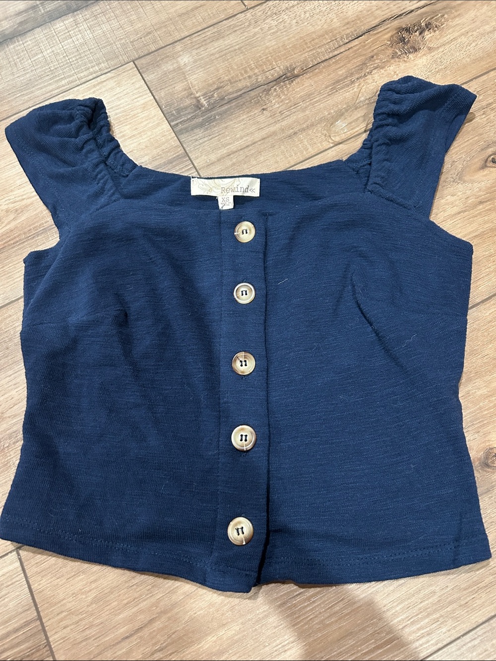 Rewind Navy Button-Front Cropped Square-Neck Top